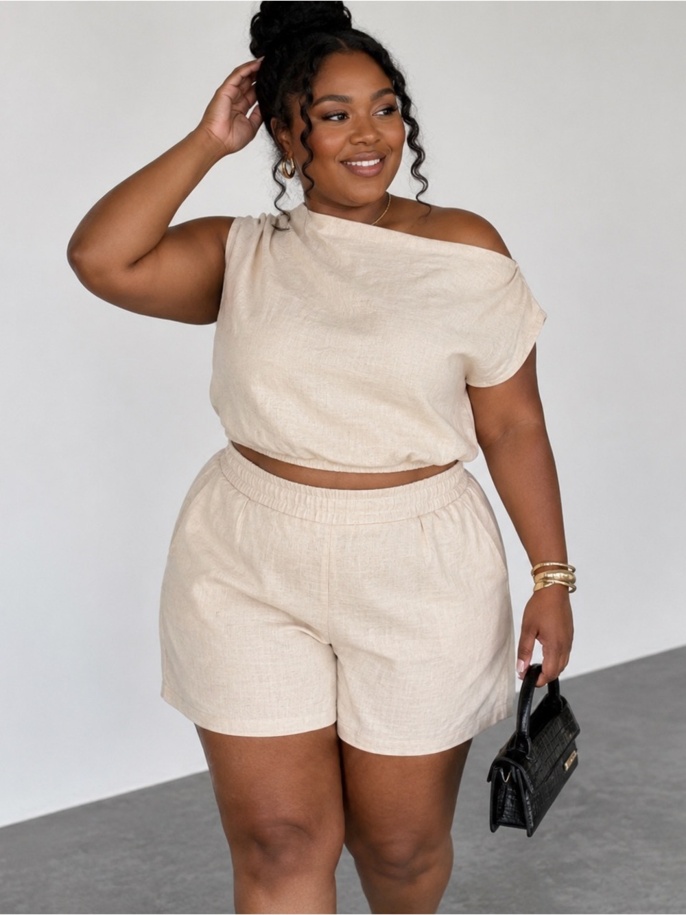 SHEIN Neutral Tan Off-Shoulder Crop Top & Shorts Set